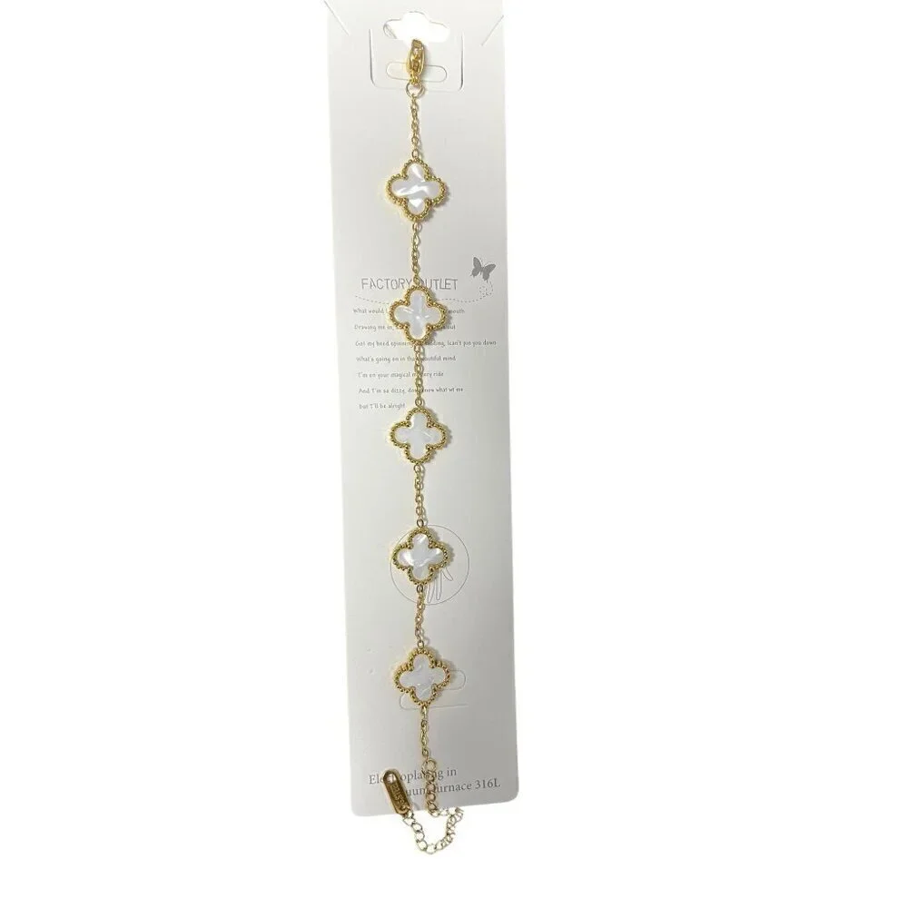 Gold Plated Bracelet With White Clover Charms & Adjustable Chain